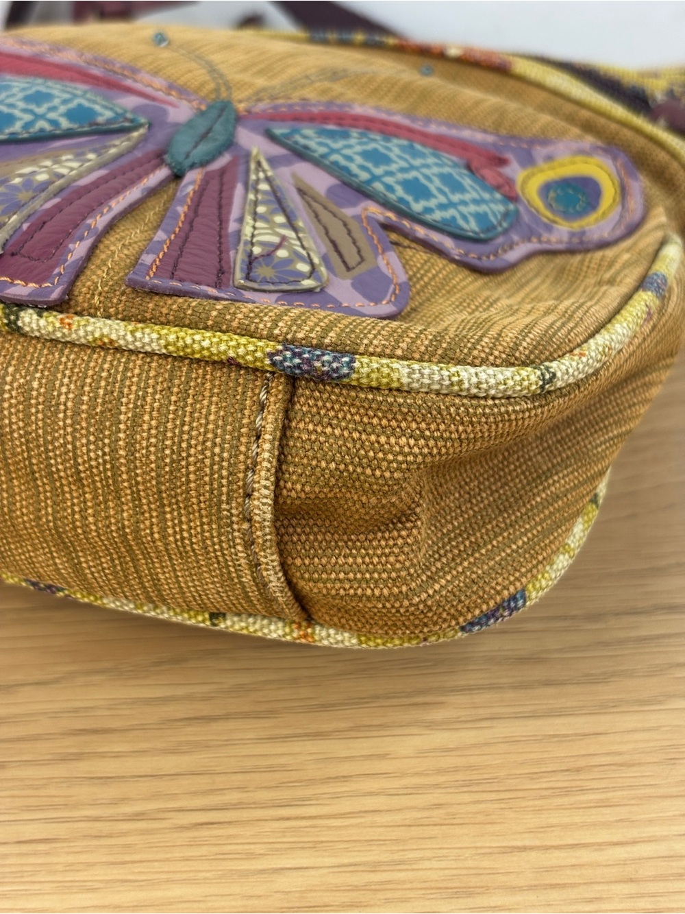 Y2K Fossil Mustard Canvas Purple Leather Patchwork Butterfly Accents Crossbody - Picture 10 of 10